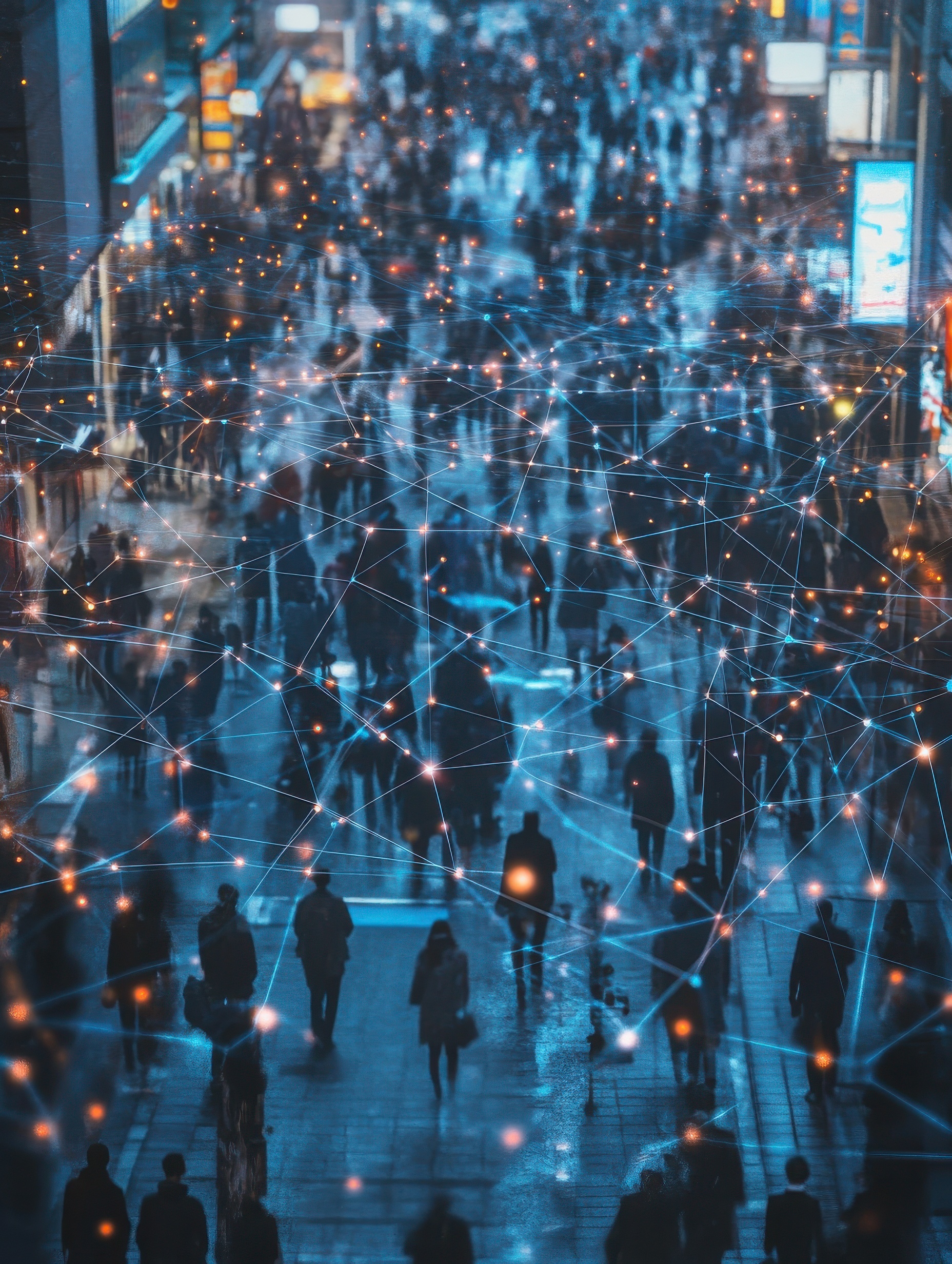 View of a crowd with a network of connections. Big data, smart city, wifi concept.