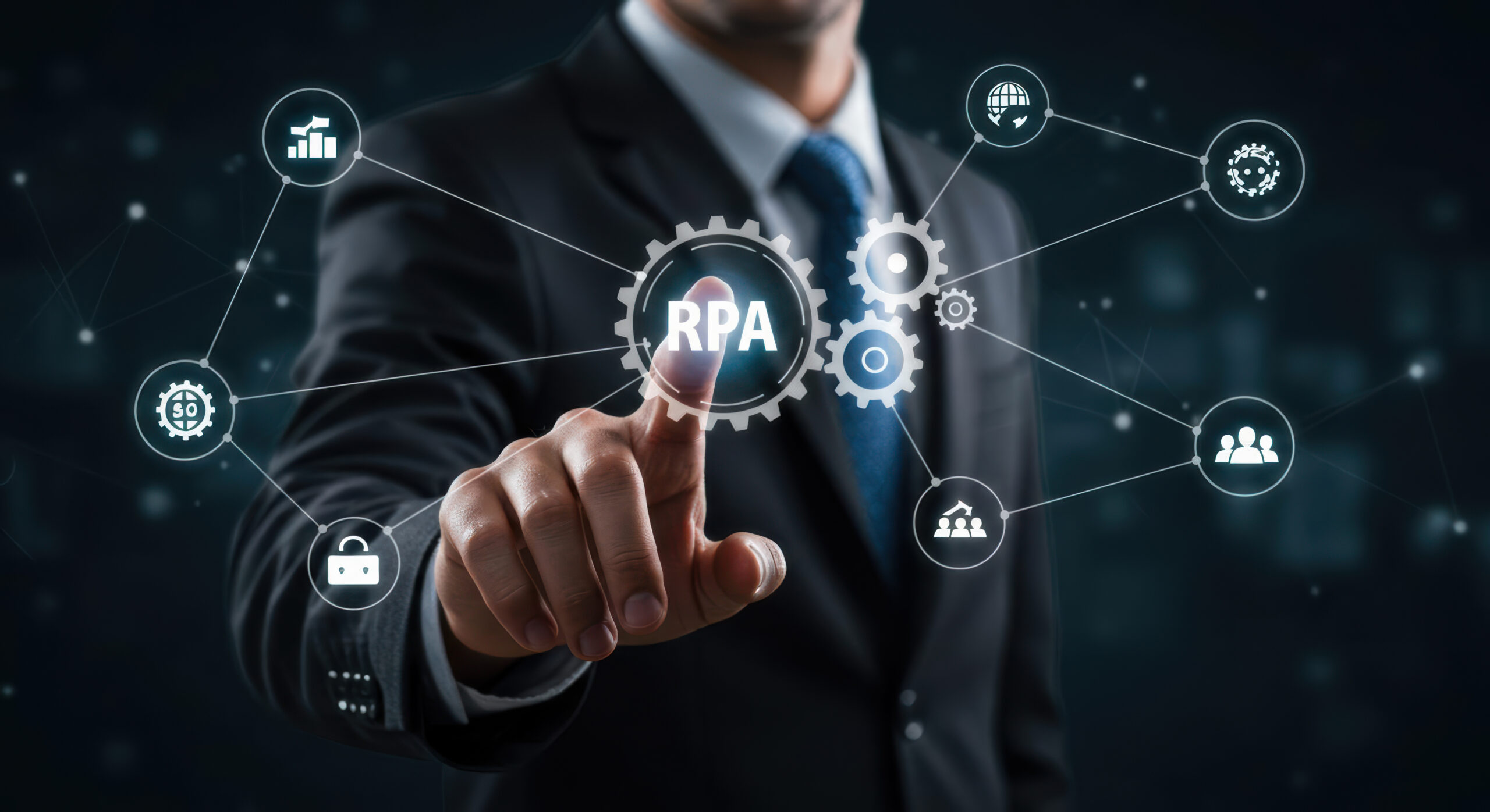 Automation of business or robotic process RPA technology. Transfer of data between application. Businessman touching gears icon on network connection