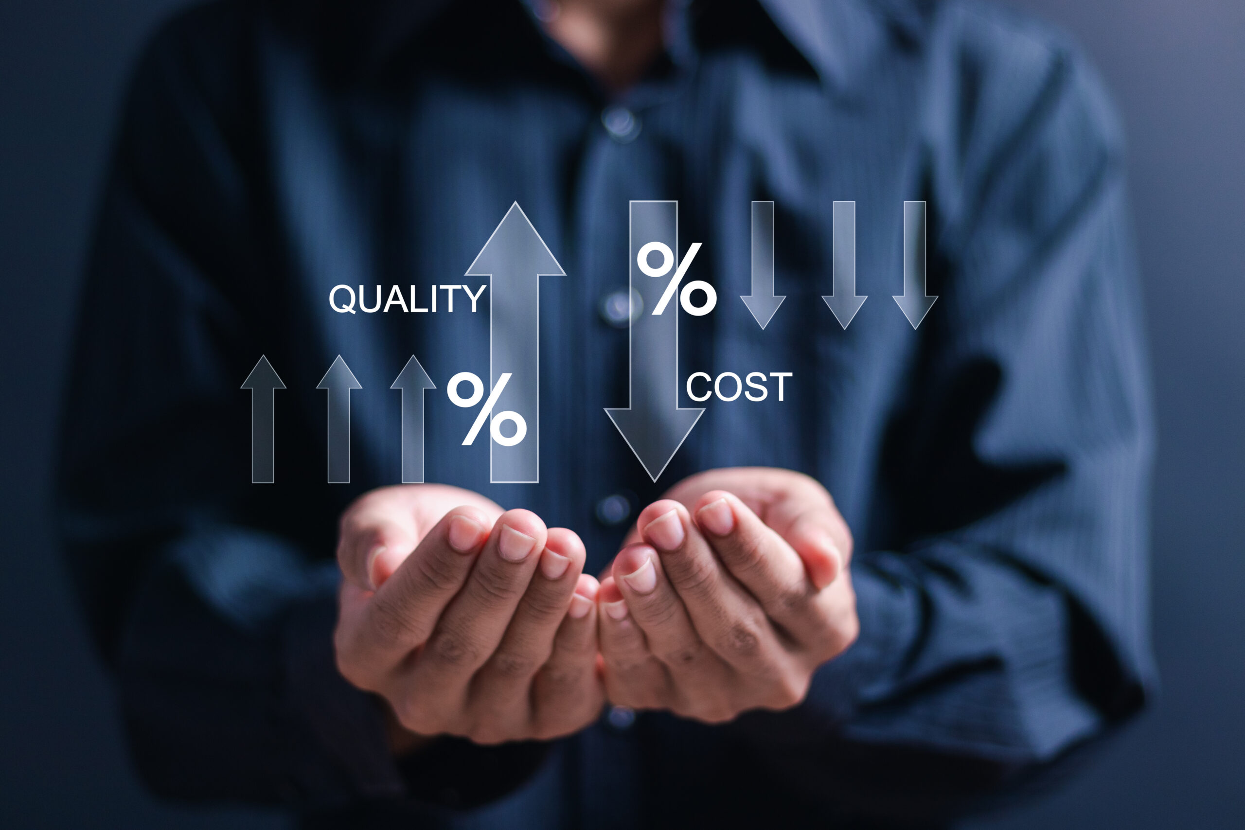Cost and quality control concept. Person hold virtual cost and quality icons to Improve work efficiency for quality control and company cost reduction. Successful organization strategy and management
