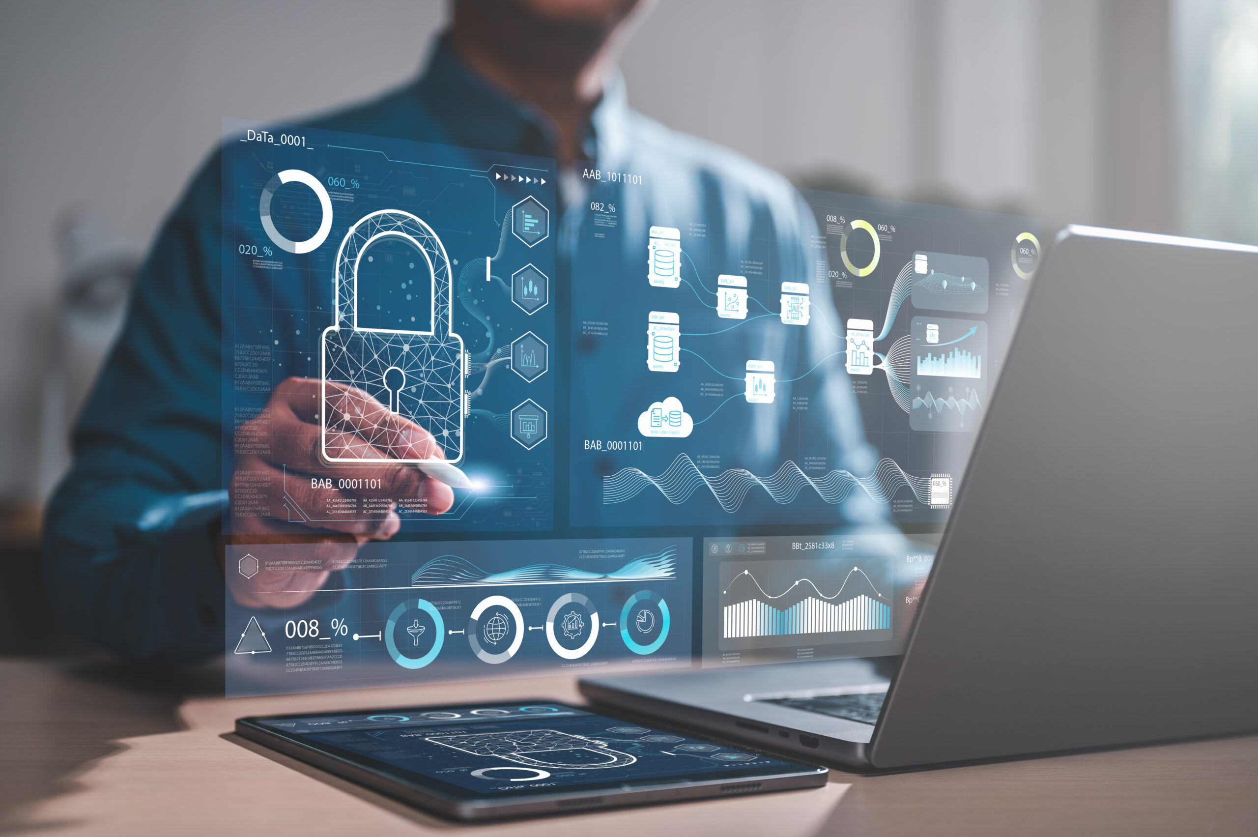 digital padlock icon, cyber security network and data protection technology on dashboard HUD.